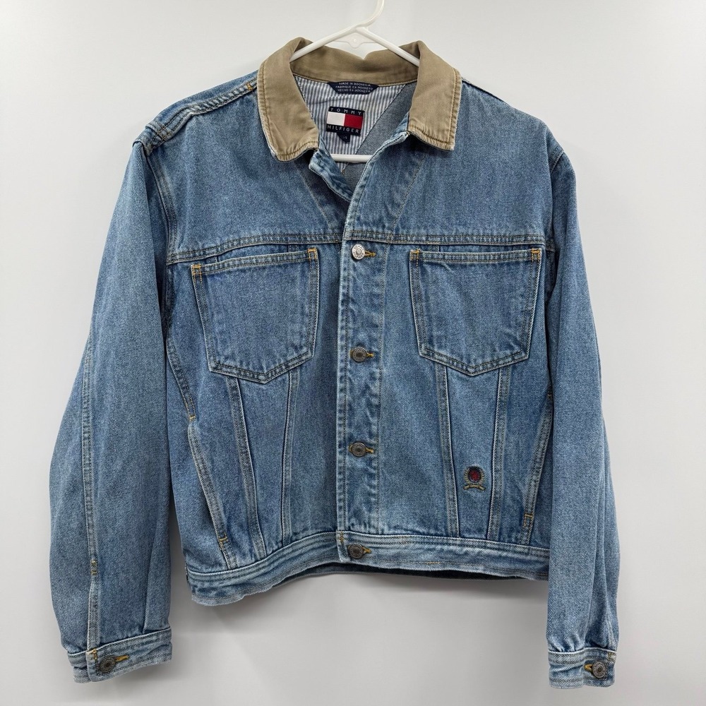 VTG 90s Tommy Hilfiger Trucker Jacket Men L Collar Casual Retro Denim Chore Y2K